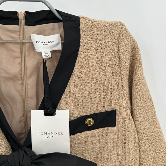 Pomander Place by Tuckernuck Tan Coco Tweed Bow Dress XS Long Sleeve NWT - Picture 2 of 5